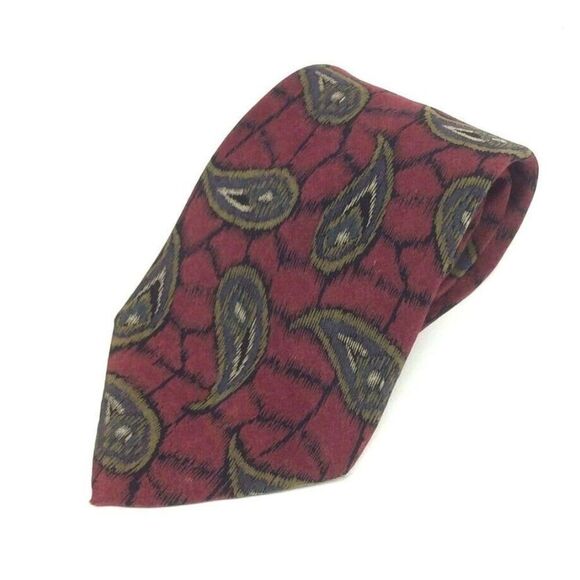 Karl Lagerfeld Mens Neck Tie Red Olive Paisley Silk Made in Italy Career Church - Picture 1 of 4